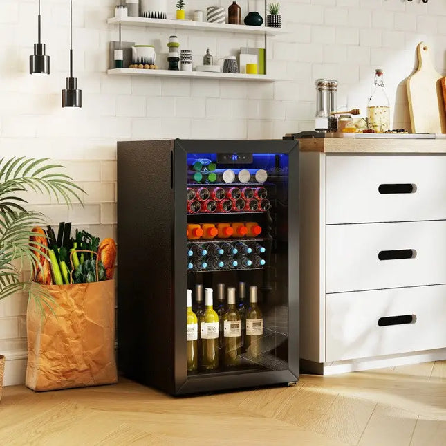 Beverage Refrigerator Cooler with Glass Door - Black - Black - Wine & Beverage Coolers