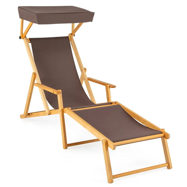 Birch Wood Chaise Lounge Chair Foldable Beach Chair with Adjustable Canopy-Brown - Brown - Outdoor Chaise Lounges