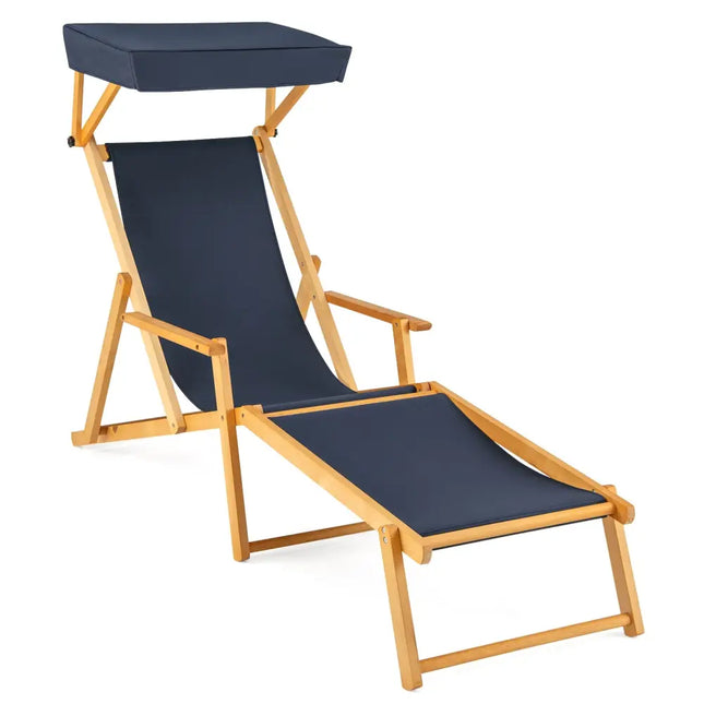 Birch Wood Chaise Lounge Chair Foldable Beach Chair with Adjustable Canopy-Navy - Navy - Outdoor Chaise Lounges