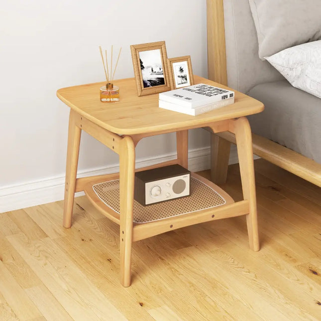 Boho Bamboo Sofa Side Table with Faux Rattan Storage Shelf-Natural - Natural - End & Side Tables