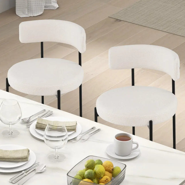 Boucle Dining Chair with Curved Backrest and Metal Legs Set of 4-White - White - Dining Chairs