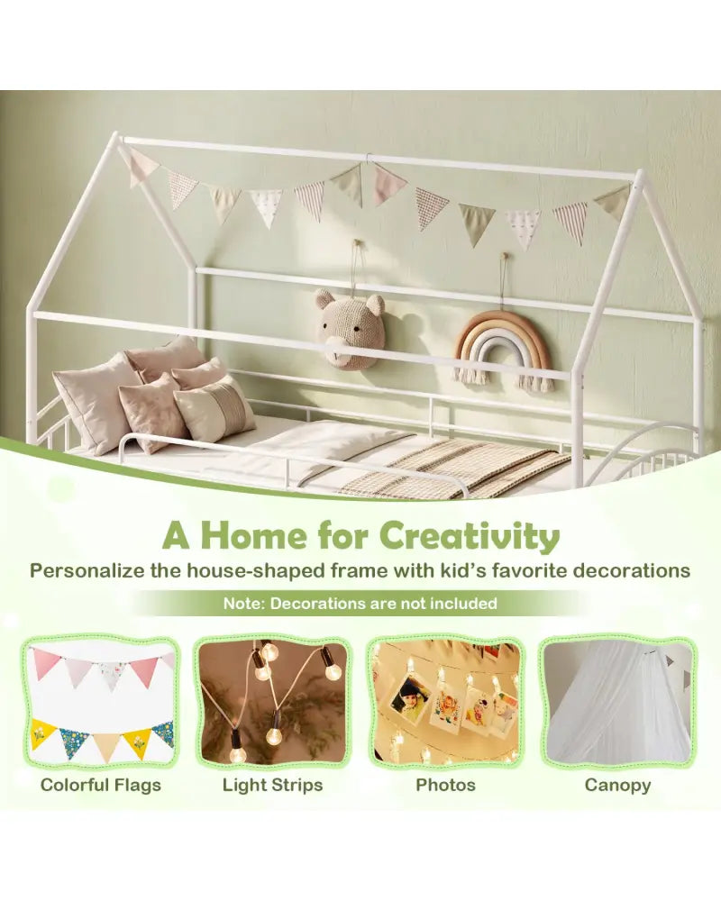 Bunk Bed Twin Over Twin House Bunk Bed Frame with Metal Slats-White - White - Bunk Bed Frame