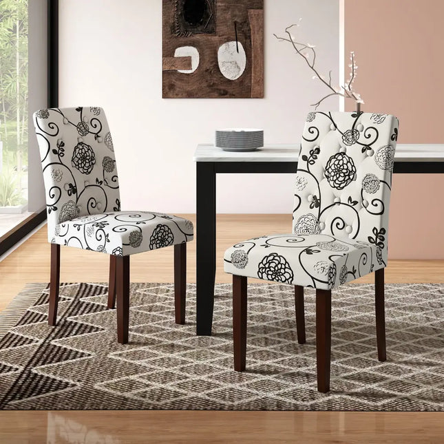 Button Tufted Fabric Upholstered Wooden Dining Chair Set of 2 with High Curved Back-Beige - Beige - Dining Chairs