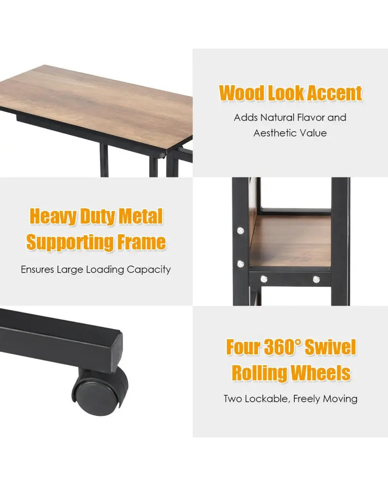 C-Shape Mobile Snack End Table with Storage Shelves - Walnut - End & Side Tables