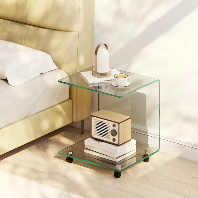 C-Shaped End Table Modern Tempered Glass Side Table with Shelf-Transparent - Transparent - End & Side Tables