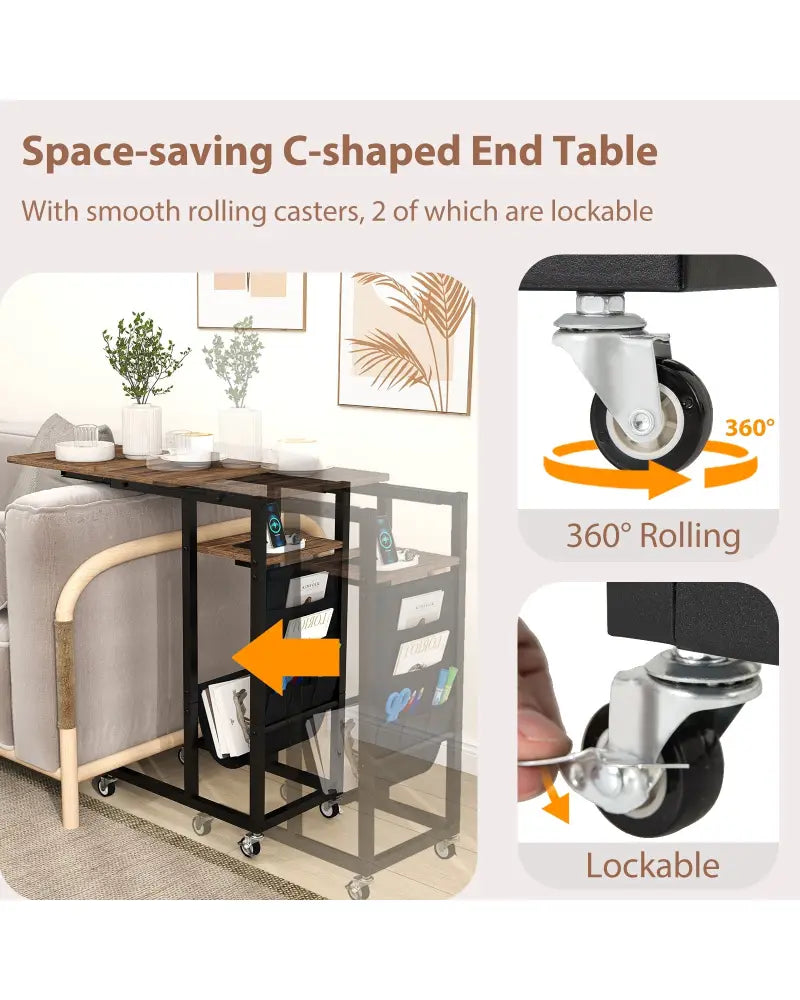 C-shaped End Table with Charging Station and Retractable Tabletop-Coffee - Coffee - End & Side Tables