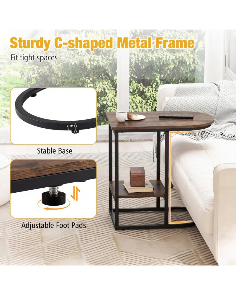 C-shaped Modern Sofa Side Table with Faux Marble Tabletop and Storage Shelf-Rustic Brown - Rustic Brown - End & Side