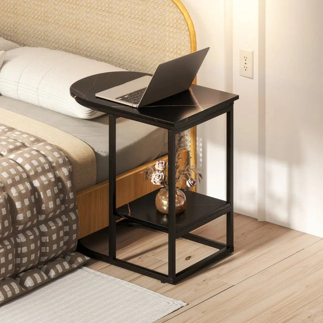 C-shaped Modern Sofa Side Table with Faux Marble Tabletop and Storage Shelf-Black - Black - End & Side Tables