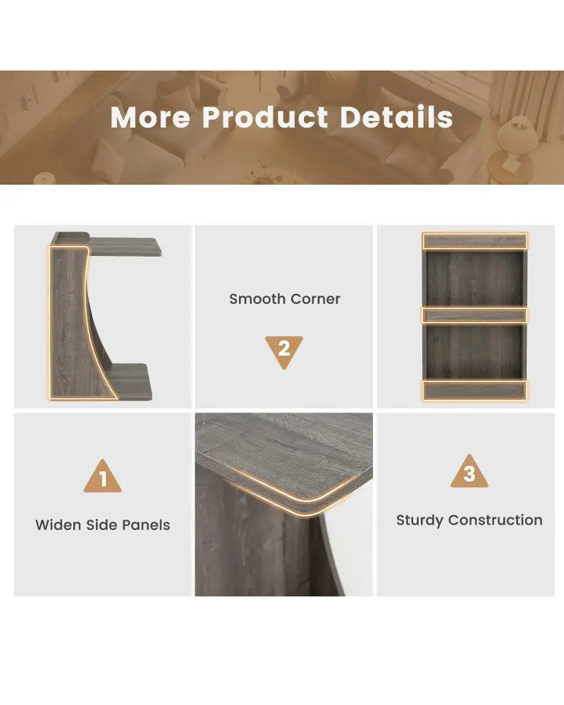 C-shaped Rolling End Side with Back Storage Shelves beside Sofa-Gray - Gray - End & Side Tables