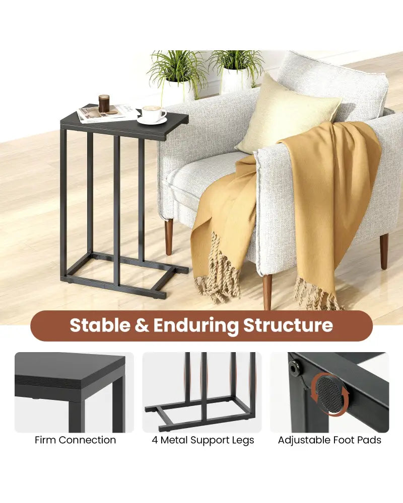 C-shaped Side Table with Heavy-duty Metal Frame-Black - Black - End & Side Tables