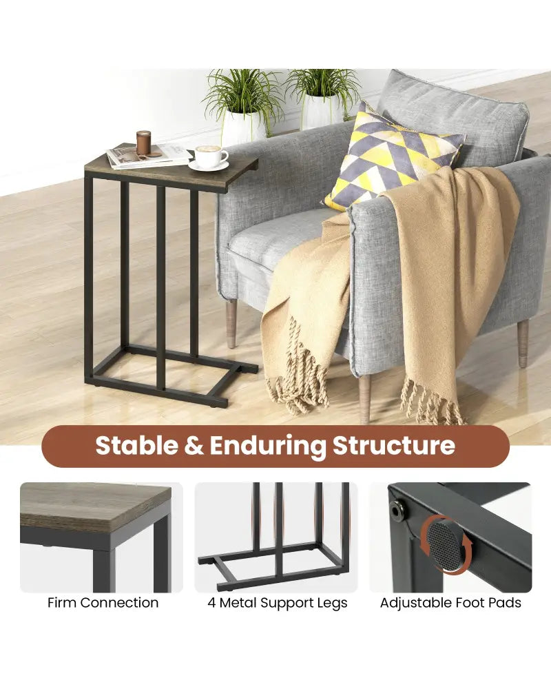 C-shaped Side Table with Heavy-duty Metal Frame-Oak - Oak - End & Side Tables