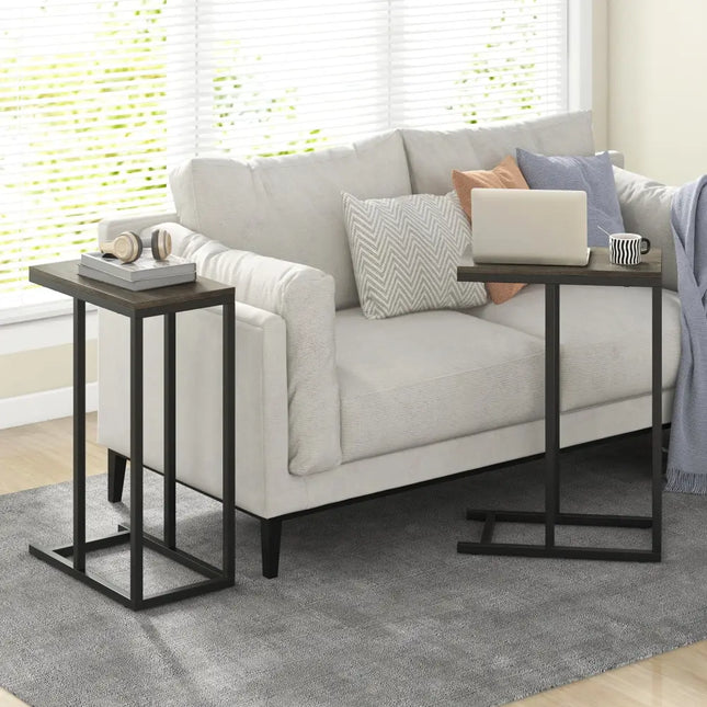 C-shaped Side Table with Heavy-duty Metal Frame-Oak - Oak - End & Side Tables