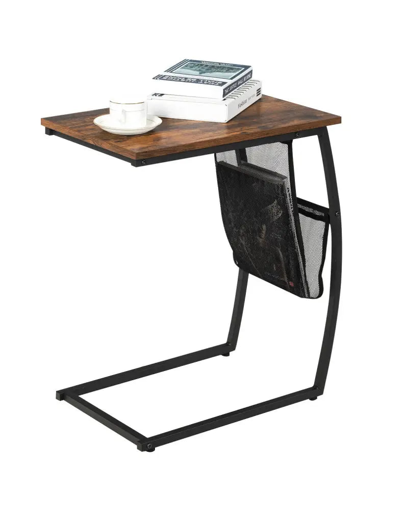 C-shaped Vintage End Table with Side Pocket and Metal Frame - Rustic Brown - End & Side Tables