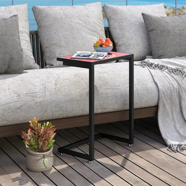 C-shaped Waterproof Outdoor Side End Table with Ceramic Top - Red - Patio Coffee Tables