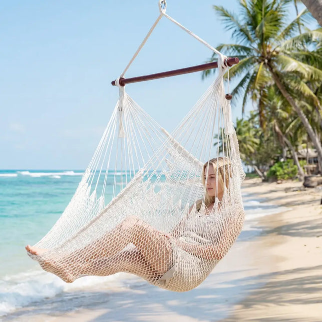 Caribbean Hammock Chair with Metal Spreader Bar Woven Rope Swing-Beige - Beige - Hammocks