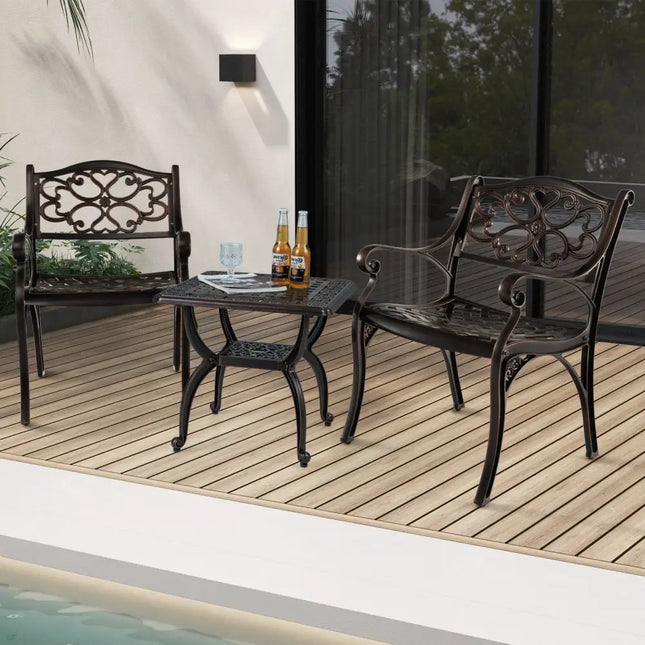 Cast Aluminum Dining Chairs Set of 2 with Patio Chairs Armrests Flower Pattern-Bronze - Bronze - Patio Dining Chairs
