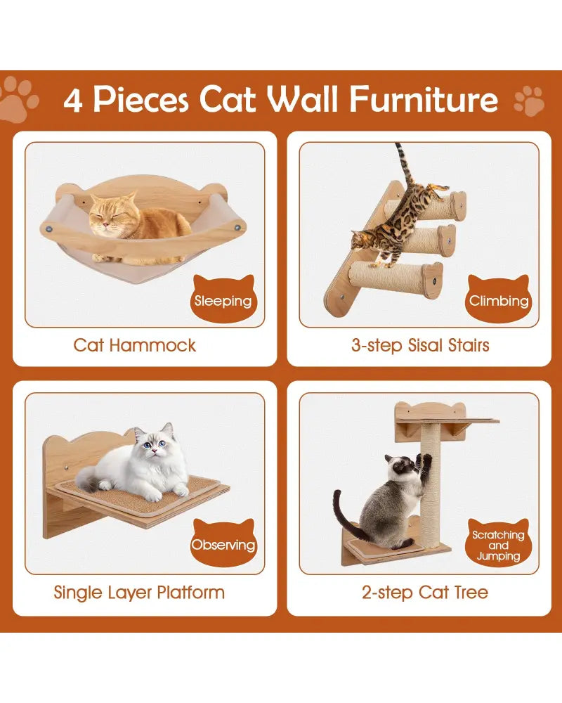 Cat Wall Furniture Set of 4 with Hammock 2-step Cat Tree and Perch-Natural - Natural - Cat Trees Condos & Scratchers