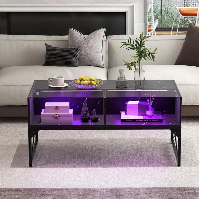 Center Table with Faux Marble and Tempered Glass Top-Black - Black - Coffee Tables