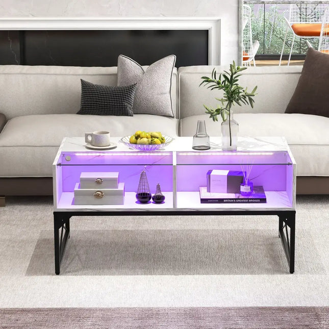Center Table with Faux Marble and Tempered Glass Top-White - White - Coffee Tables