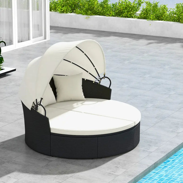Clamshell Patio Round Daybed Wicker with Retractable Canopy and Pillows-Off White - Off White - Outdoor Sectionals