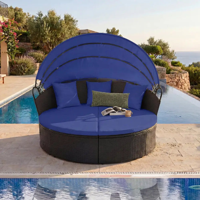 Clamshell Patio Round Daybed Wicker with Retractable Canopy and Pillows-Navy - Navy - Outdoor Sectionals
