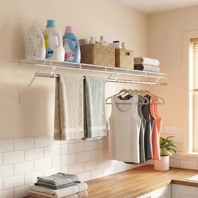 Closet Shelves Wall Mounted with Hanging Rod for Laundry Room - Shoe Racks & Storage Benches