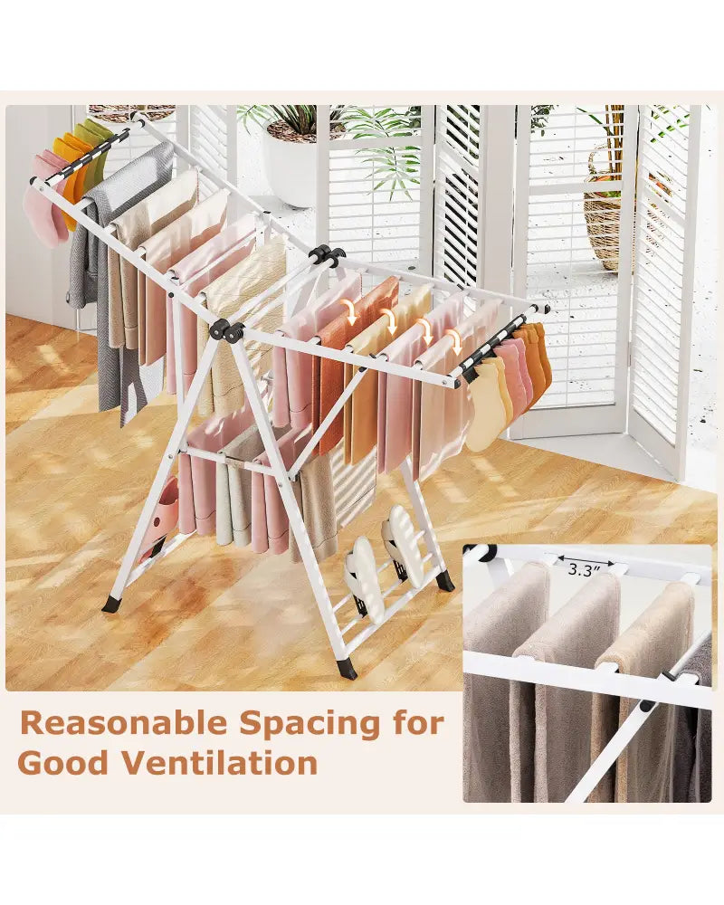 Clothes Drying Rack with Height Adjustable Wings-White - White - Drying Racks