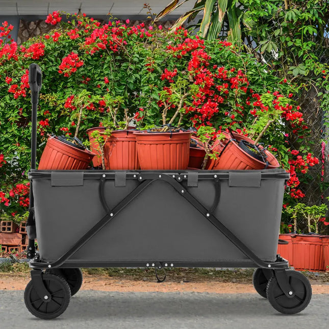 Collapsible Folding Wagon Cart with Adjustable Handlebar-Gray - Gray - Garden Carts