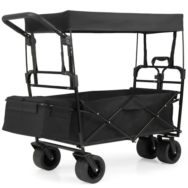 Collapsible Wagon with Removable Canopy and Adjustable Handles-Black - Black - Camping Furniture