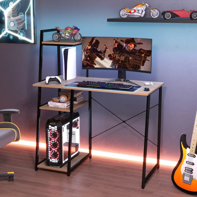 Compact Computer Desk Workstation with 4 Tier Shelves for Home and Office-Natural - Natural - Writing Desks