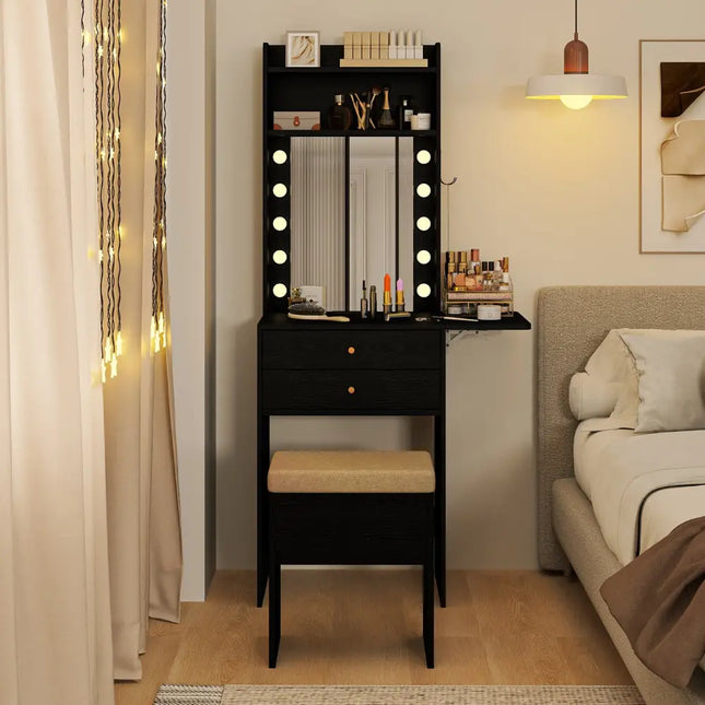Compact Vanity Desk Set with 3-Color Lighted Mirror and Power Outlets-Black - Black - Makeup Vanities