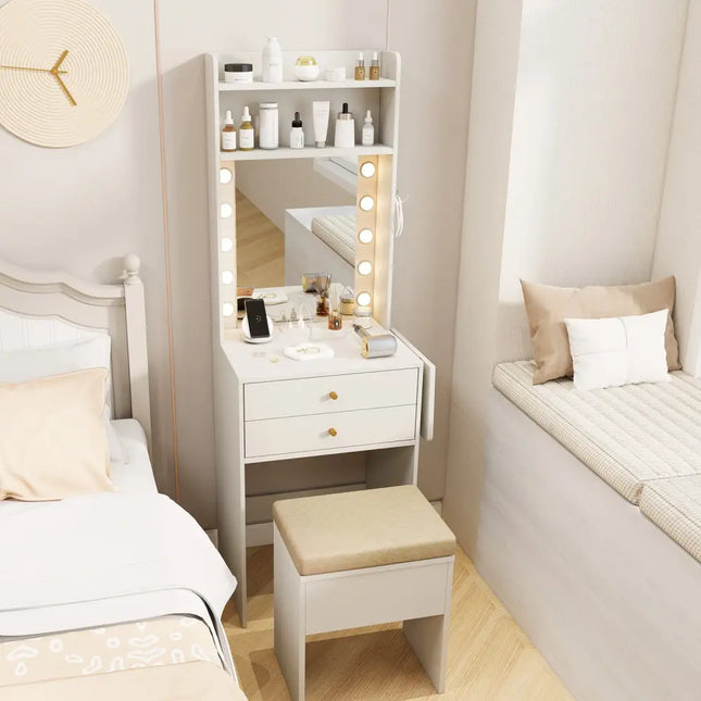 Compact Vanity Desk Set with 3-Color Lighted Mirror and Power Outlets-White - White - Makeup Vanities