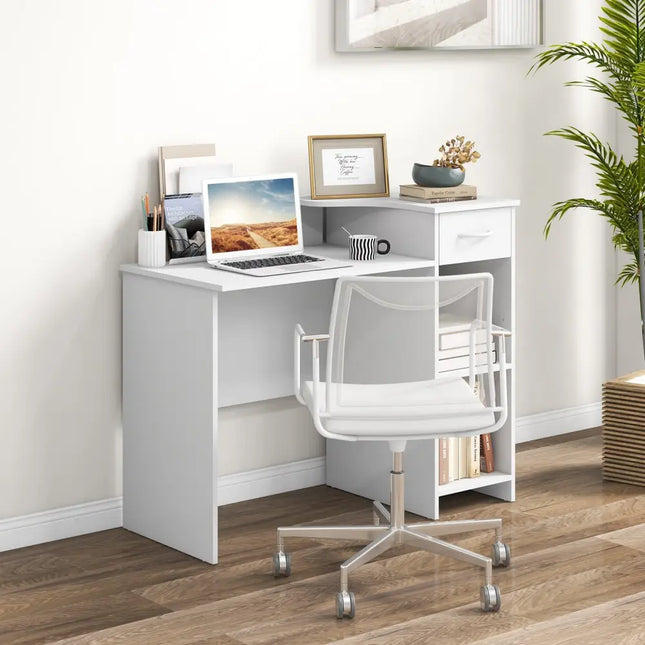 Computer Desk Modern Laptop PC Desk with Adjustable Shelf and Cable Hole-White - White - Computer Desks