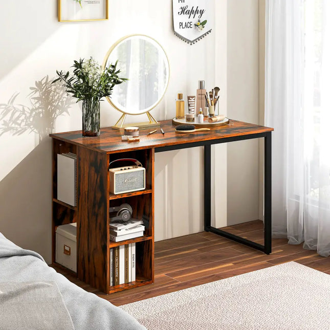 Computer Desk with 5 Side Shelves and Metal Frame-Rustic Brown - Rustic Brown - Computer Desks