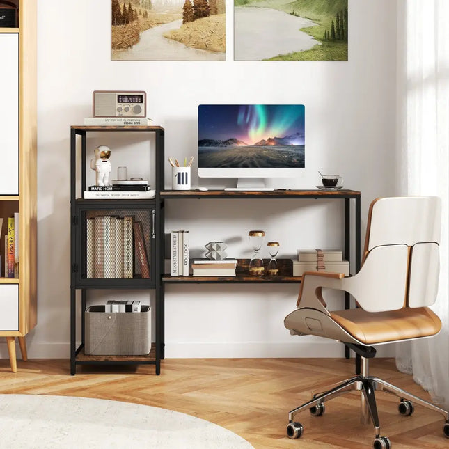 Computer Desk with Bookshelf Home Office Desk with Storage Cabinet and Shelves-Rustic Brown - Rustic Brown - Computer