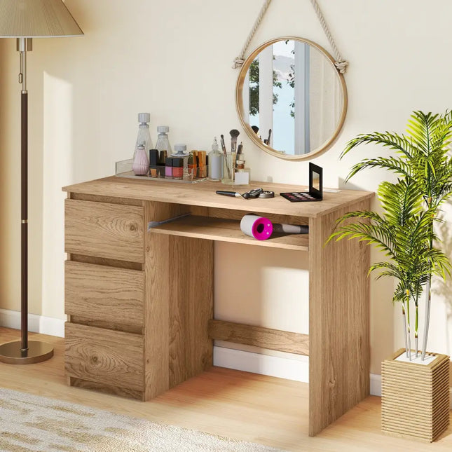 Computer Desk with Power Outlet Keyboard Tray and 3 Large Drawers-Natural - Natural - Computer Desks