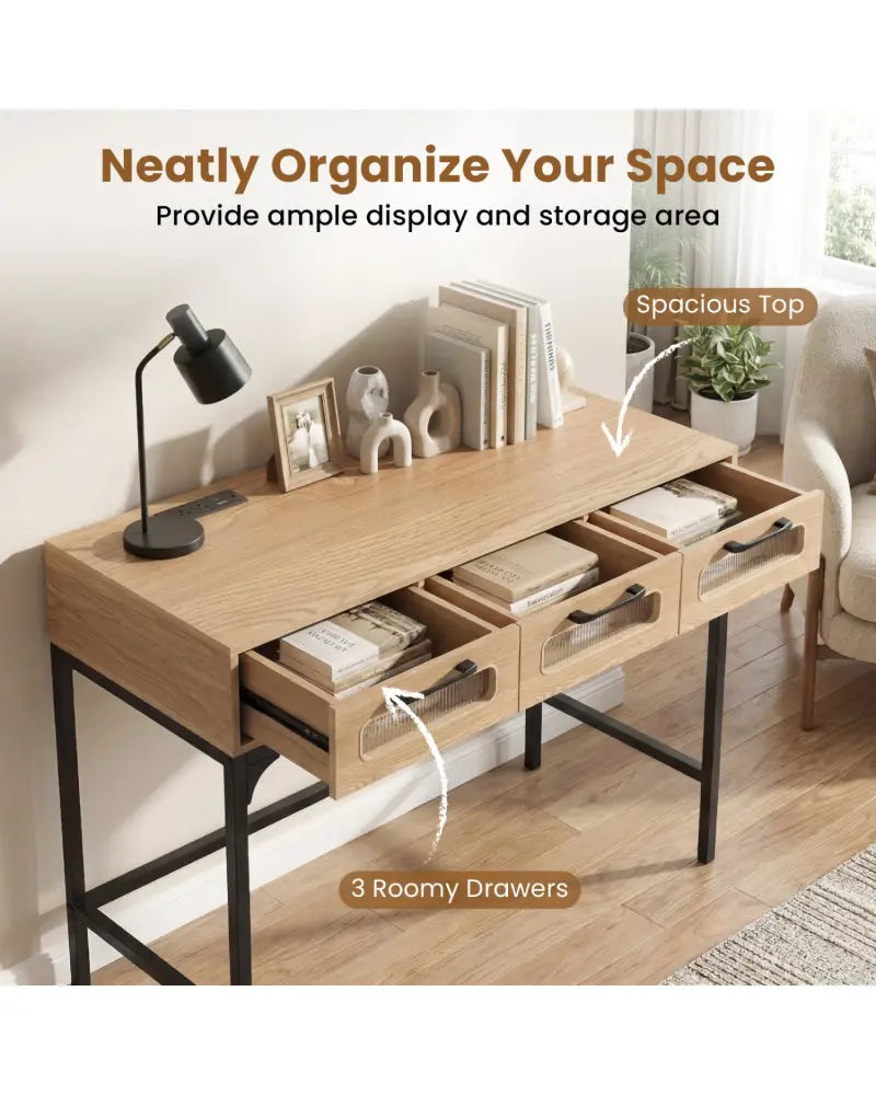Console Table with LED Lighting and Charging Station for Living Room and Hallway-Natural - Natural - Console Tables