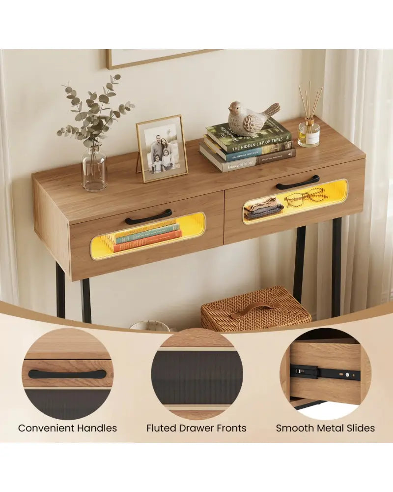 Console Table with LED Lights and Open Shelf for Hallway Entrance-Natural - Natural - Console Tables