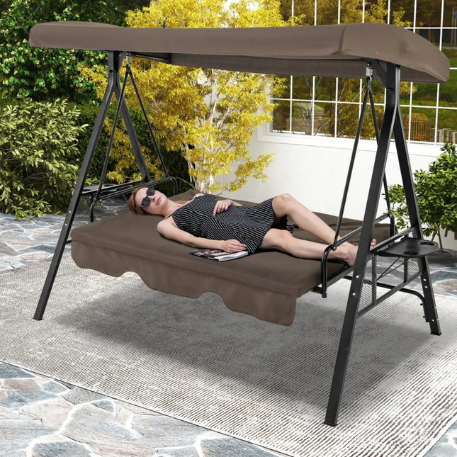 Convertible 3-Seat Patio Porch Swing Chair to Flat Bed with Adjustable Canopy-Brown - Brown - Porch Swings