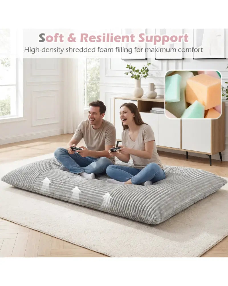Convertible Bean Bag Floor Sofa with Machine-washable Corduroy Cover-Gray - Gray - Floor Chairs