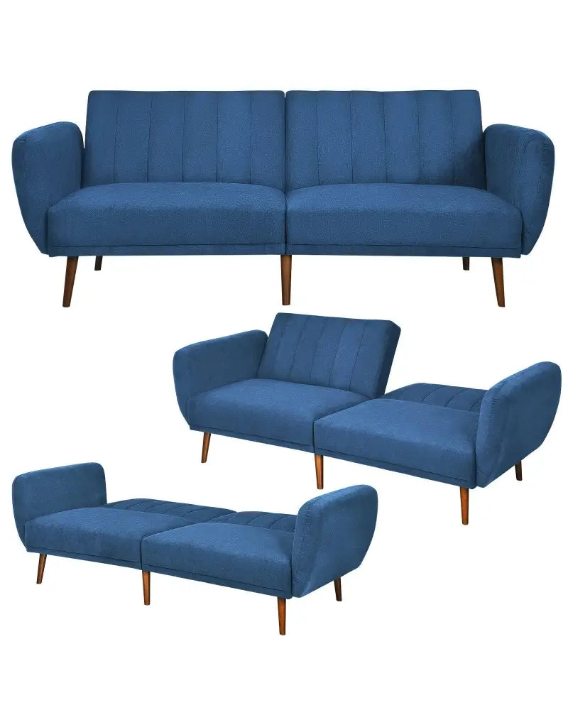 Convertible Futon Sofa Bed Adjustable Couch Sleeper with Wood Legs-Navy - Navy - Sofas & Loveseats