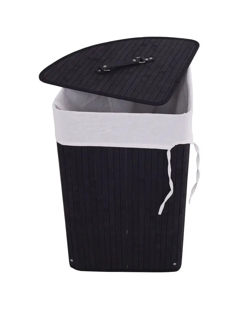 Corner Bamboo Hamper Laundry Basket with Lid and Removable Liner-Black - Black - Laundry Baskets