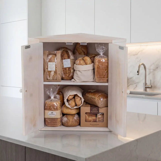 Corner Bread Box for Kitchen Counter Bamboo Double Layer Breadbox Organizer-White - White - Sideboards Cabinets &