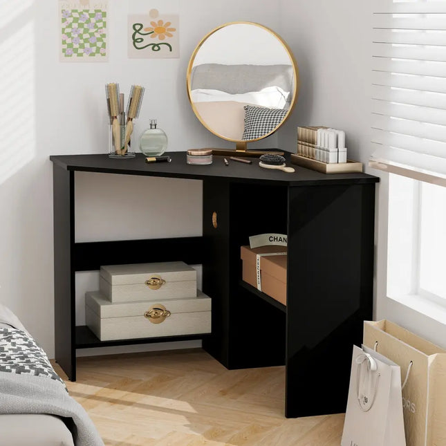 Corner Computer Desk Triangle Writing Workstation with Storage Shelf-Black - Black - Corner Desks