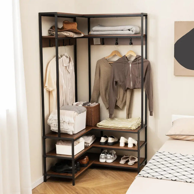 Corner Garment Rack with Open Shelves and 7 Hooks Shoe Bench-Walnut - Walnut - Clothing & Closet Storage