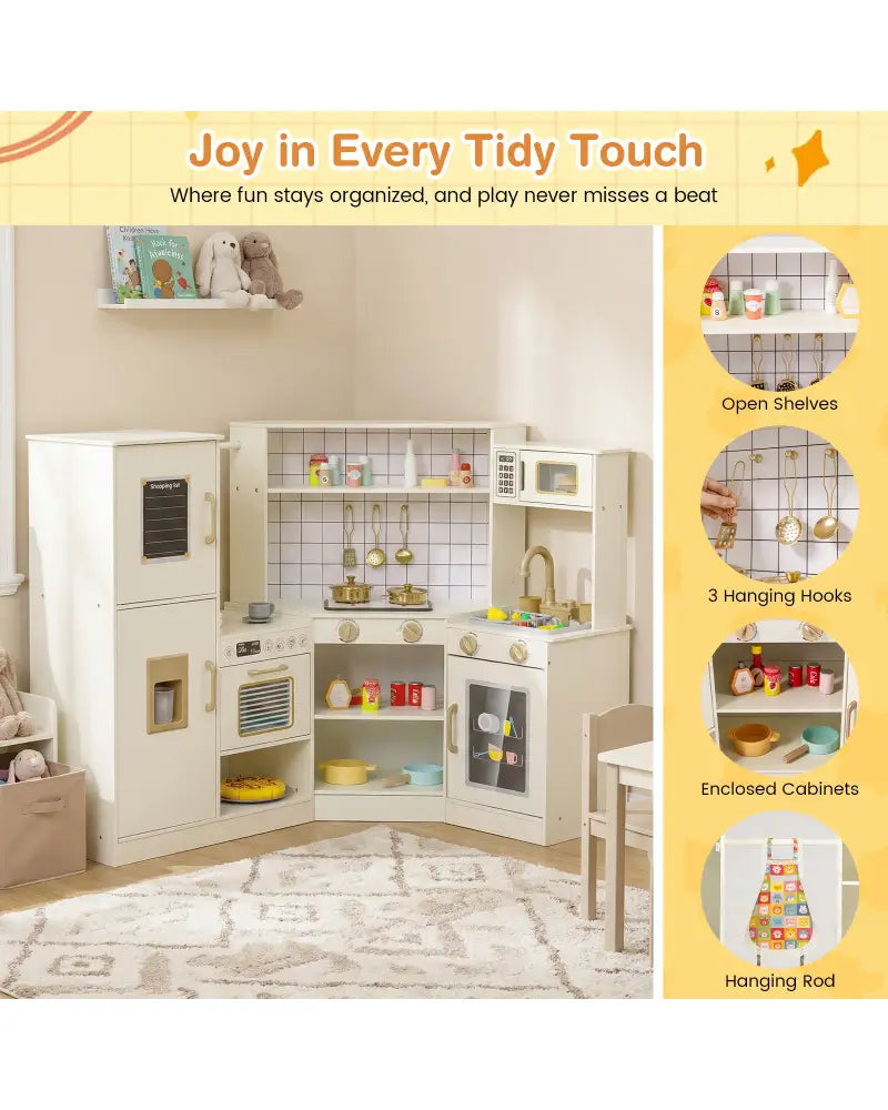 Corner Kids Play Kitchen with Stoves with Lights and Sounds-Beige - Beige - Play Kitchen Sets