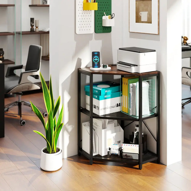 Corner Printer Stand with Power Outlet 3-Tier Storage Rack with Adjustable Shelf-Brown - Rustic Brown - Laptop Tables &