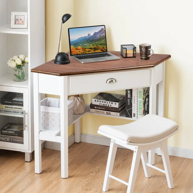 Corner Wooden Piece Laptop Computer Desk-Natural - Natural - Corner Desks