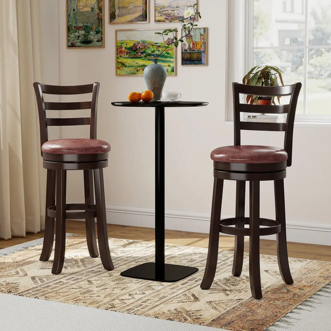 Counter Height Swivel Barstools Set of 2 with Faux Leather Seat and Wrap-around Footrest-29 - Bar Stools
