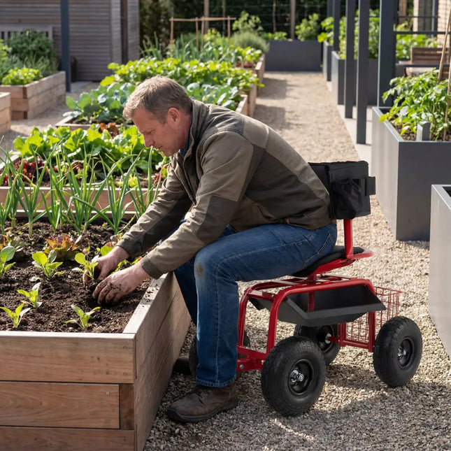 Cushioned Rolling Garden Cart Scooter with Storage Basket and Tool Pouch-Black & Red - Black & Red - Garden Carts